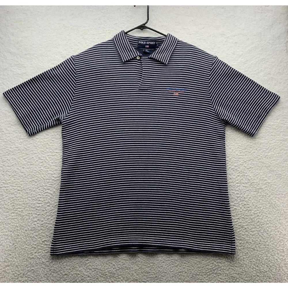 Polo Sport Ralph Lauren Polo Shirt Mens XL Blue White Striped Golf Flag‎ Preppy